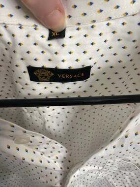 Versace Men’s XL White Blue Gold Geometric Print Cotton Button Down Shirt